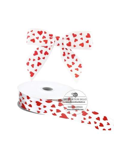 White satin ribbon with red hearts (40m)