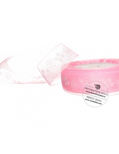 Pink organza ribbon with white flowers