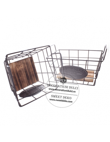 Mini square metal basket with wooden...